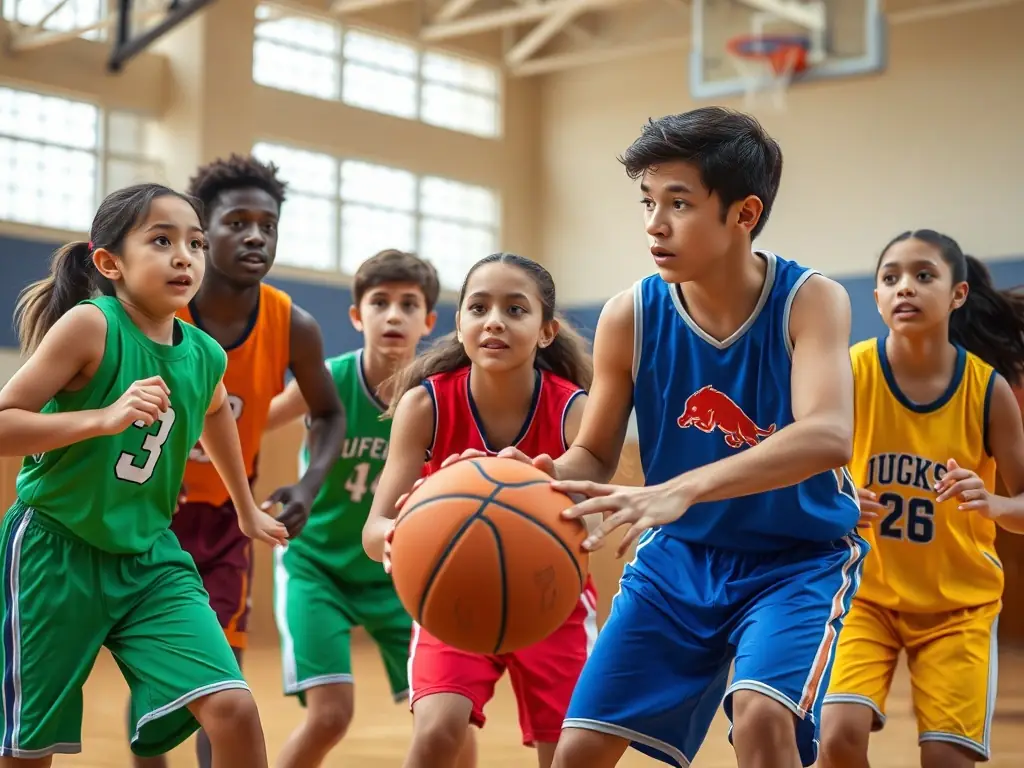 A vibrant image of students actively participating in a basketball game during a UNSS event, showcasing teamwork and sportsmanship.