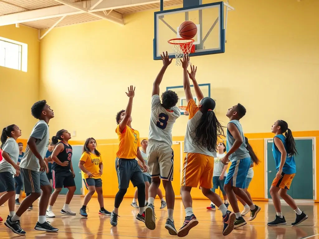 A group of students participating in a basketball game, showcasing teamwork and collaboration in a school sports setting.