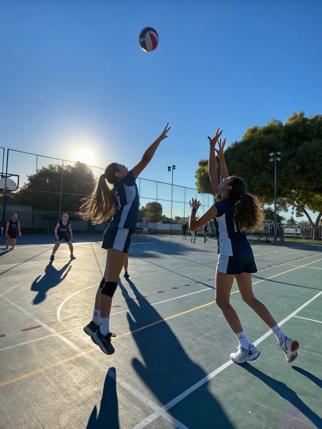 A diverse group of students engaged in a volleyball match, demonstrating inclusivity and active participation.