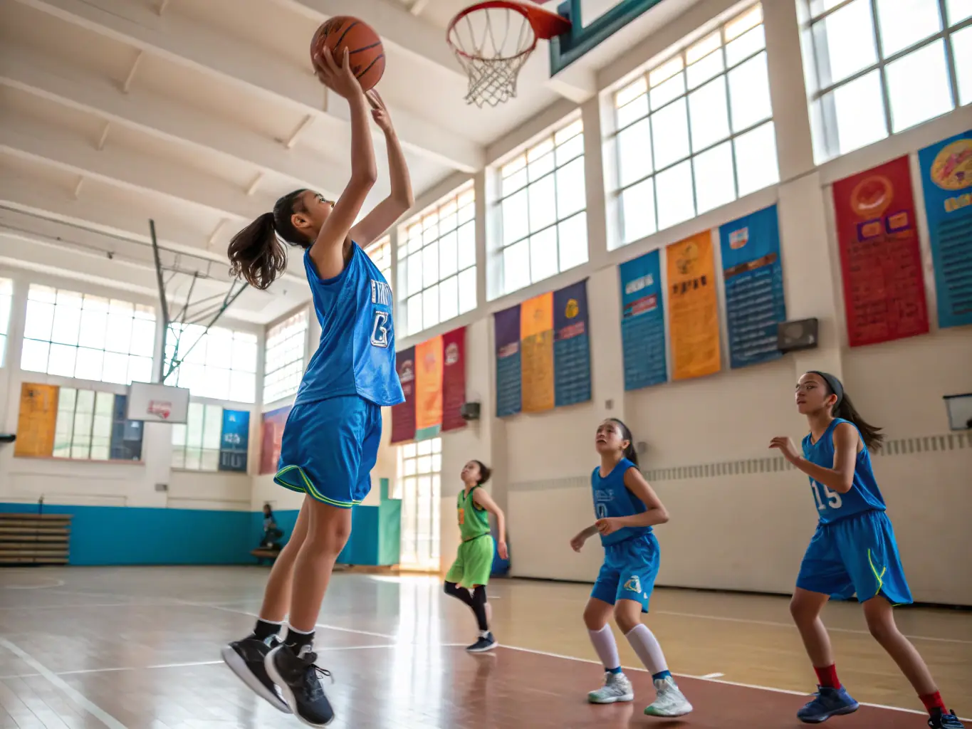 A group of secondary school students enthusiastically playing basketball in a school gymnasium, wearing UNSS branded jerseys, showcasing teamwork and sportsmanship.