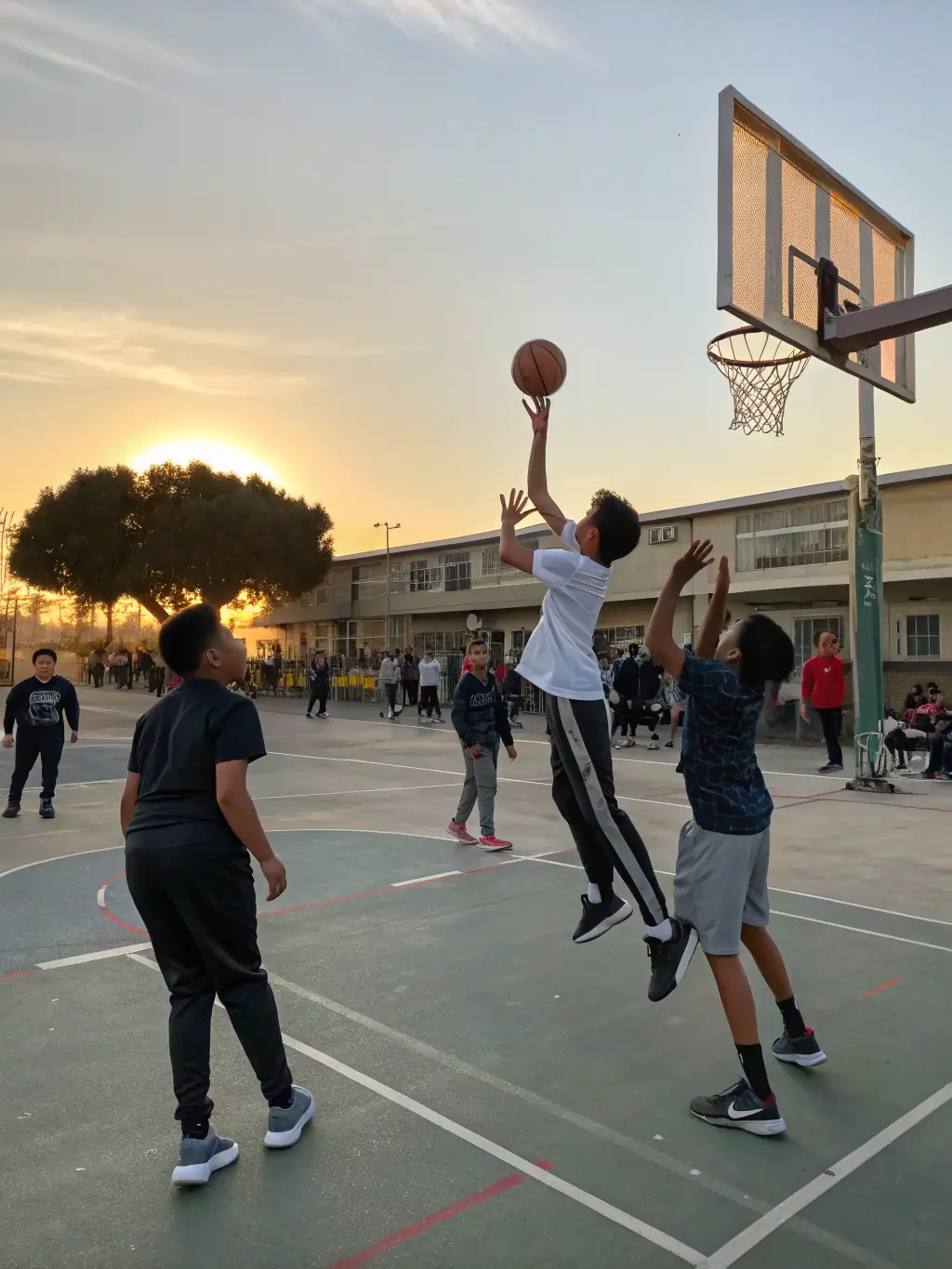 A group of students participating in a basketball game during a UNSS-organized school tournament, showcasing teamwork and sportsmanship.