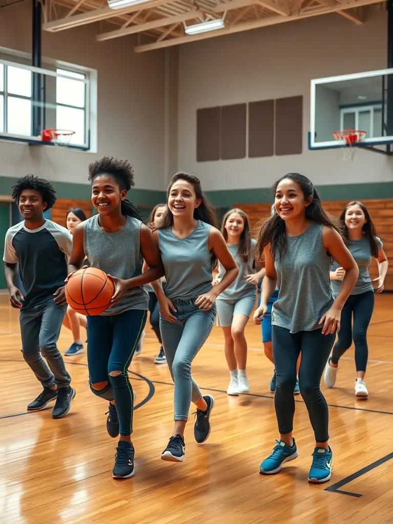 A group of students participating in a basketball game indoors, wearing UNSS jerseys, showcasing teamwork and sportsmanship.