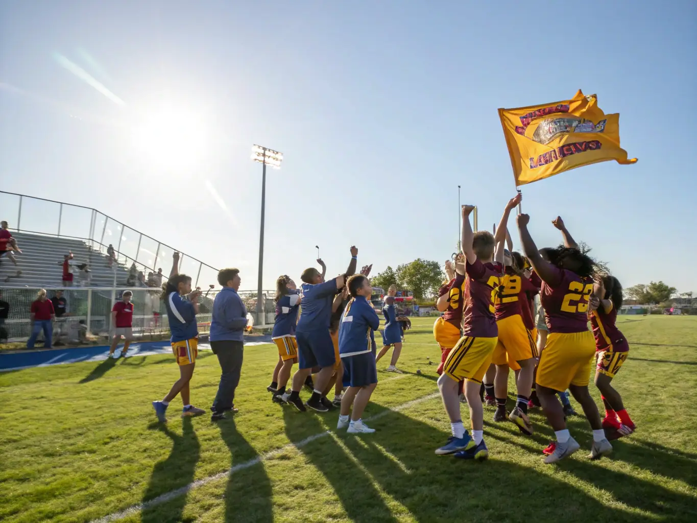 A diverse group of students celebrating a victory after a sports competition, highlighting the sense of achievement and camaraderie.