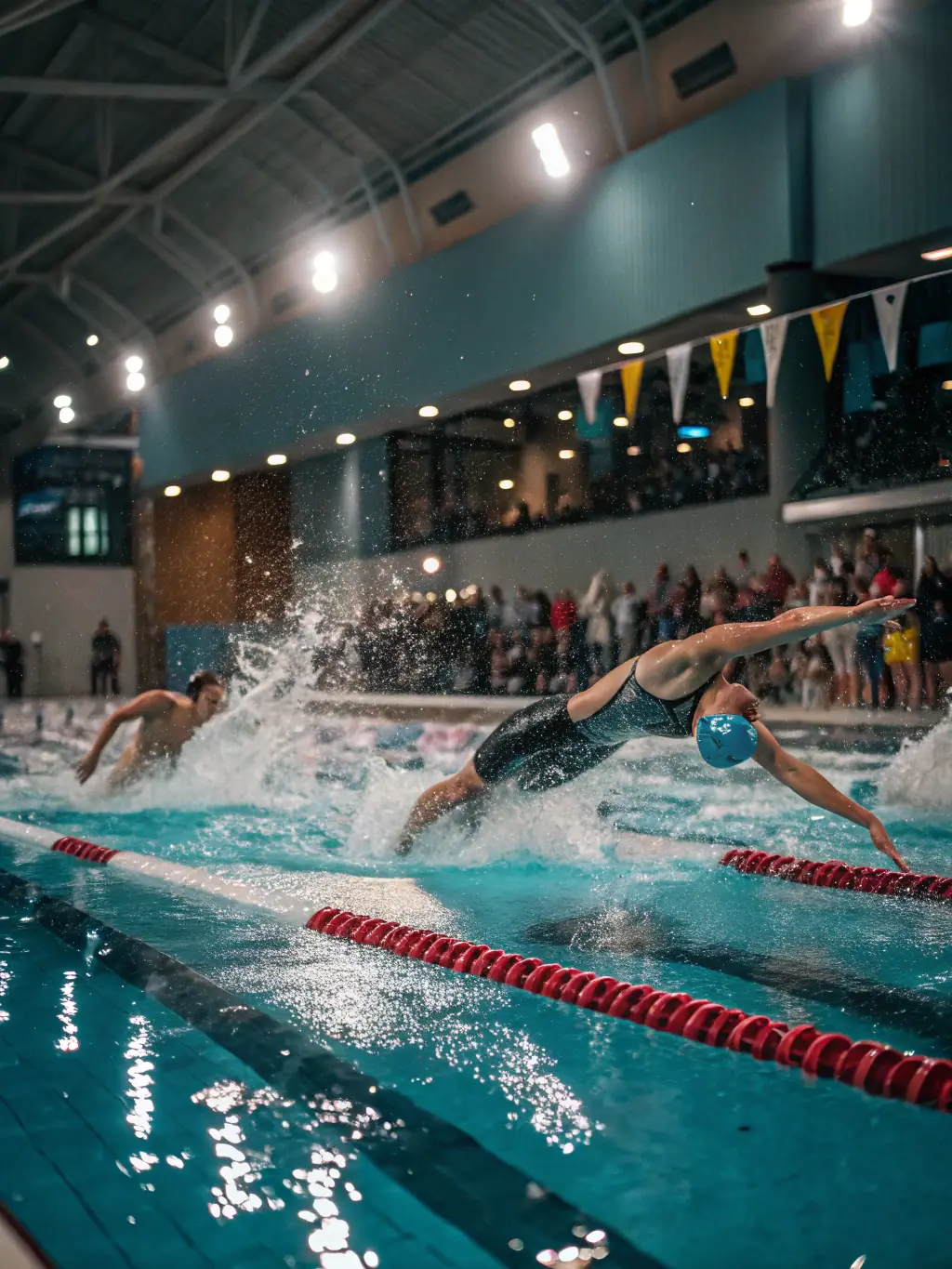 Students participating in a swimming competition, showcasing the importance of water safety and swimming skills.
