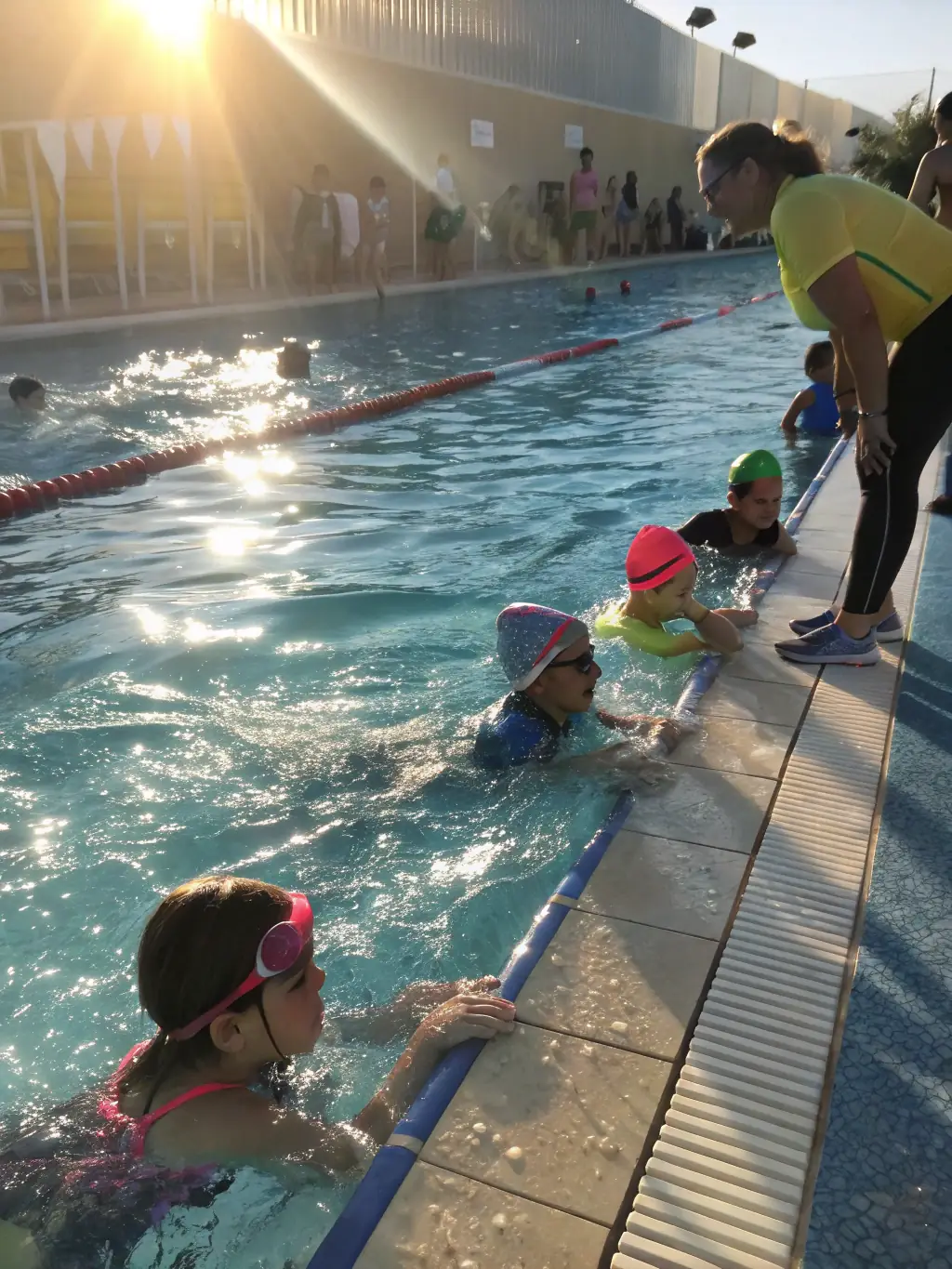 Students learning swimming techniques in a pool, highlighting UNSS's commitment to water safety and aquatic sports education.