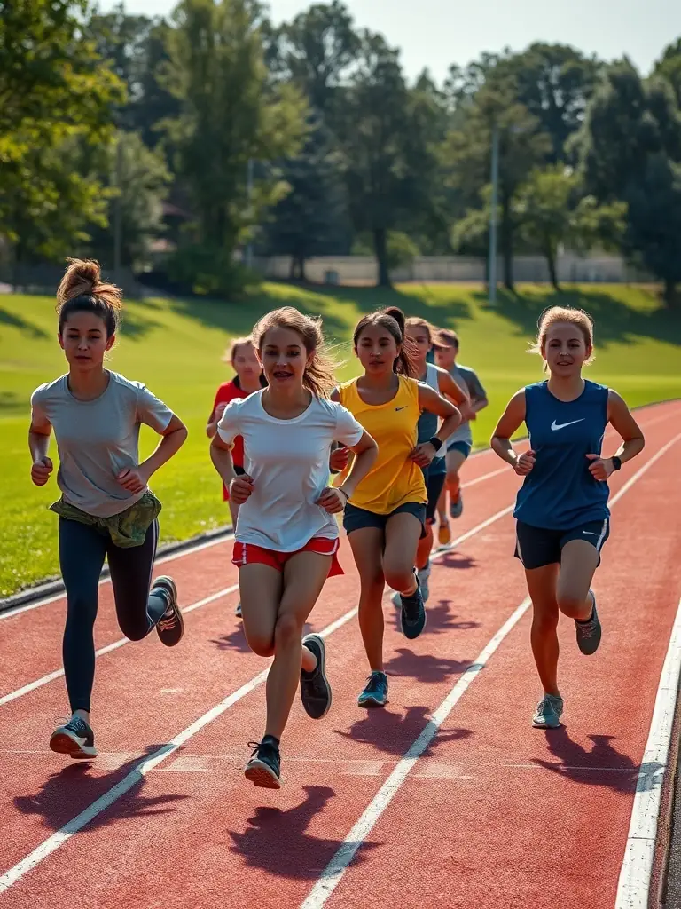 Students practicing track and field events on a sunny day, guided by a UNSS coach, emphasizing physical fitness and athletic achievement.